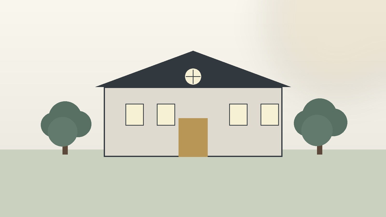 Illustration of a school building surrounded by mature trees in Memorial Houston