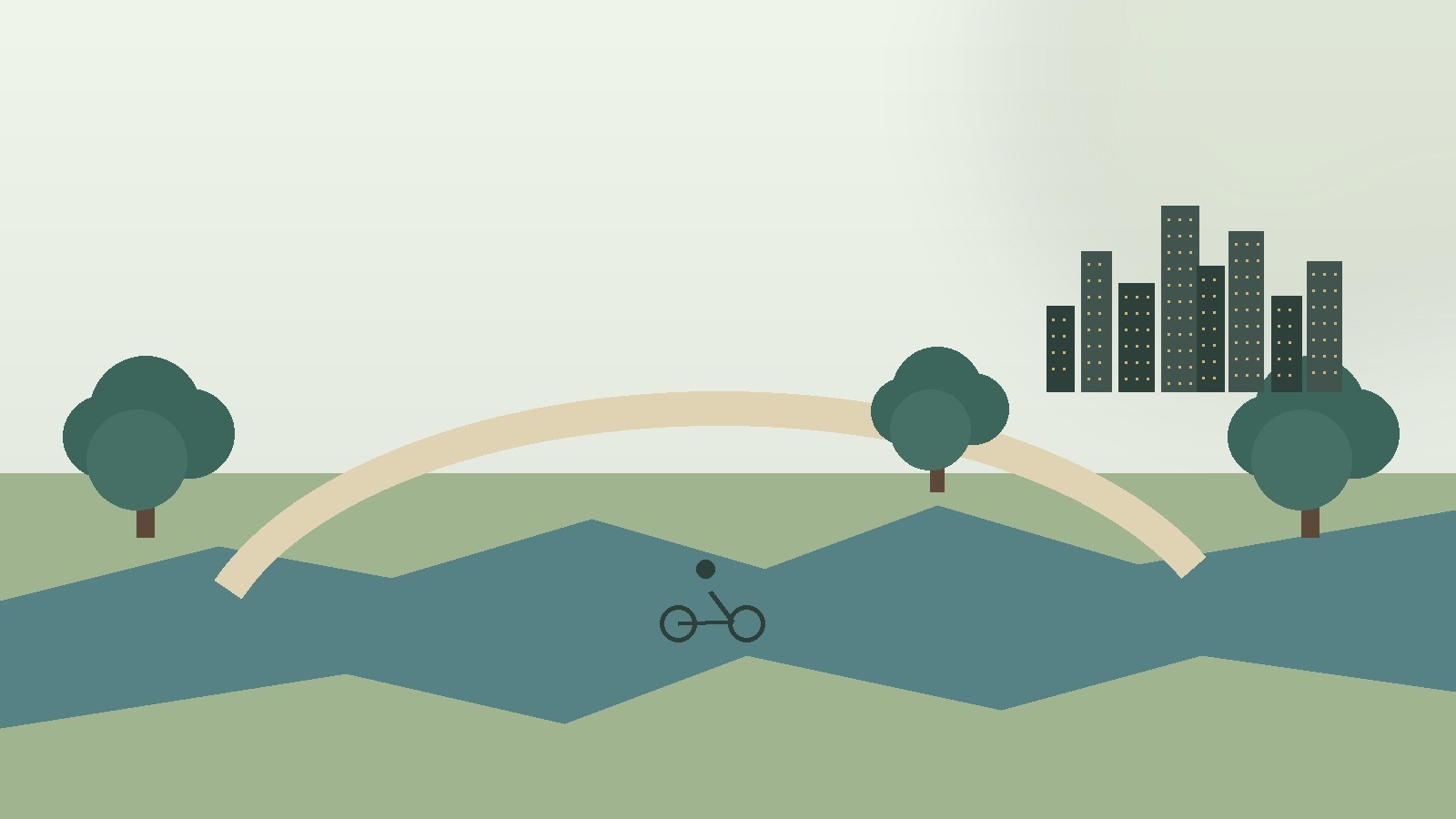 Illustration of a bayou trail, cyclist, trees and Houston skyline near Memorial