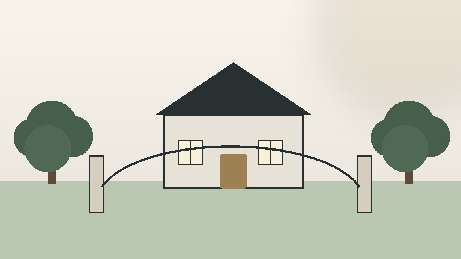 Illustration of a luxury Memorial Villages home behind mature trees and estate gates