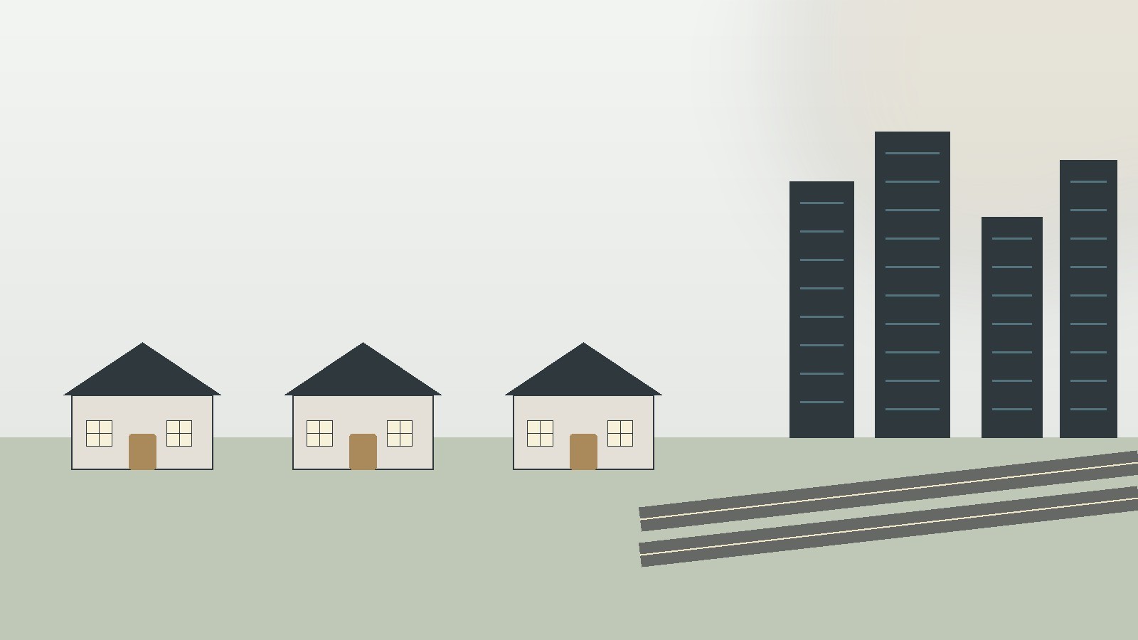 Illustration of Memorial West homes beside Energy Corridor office towers and highway access