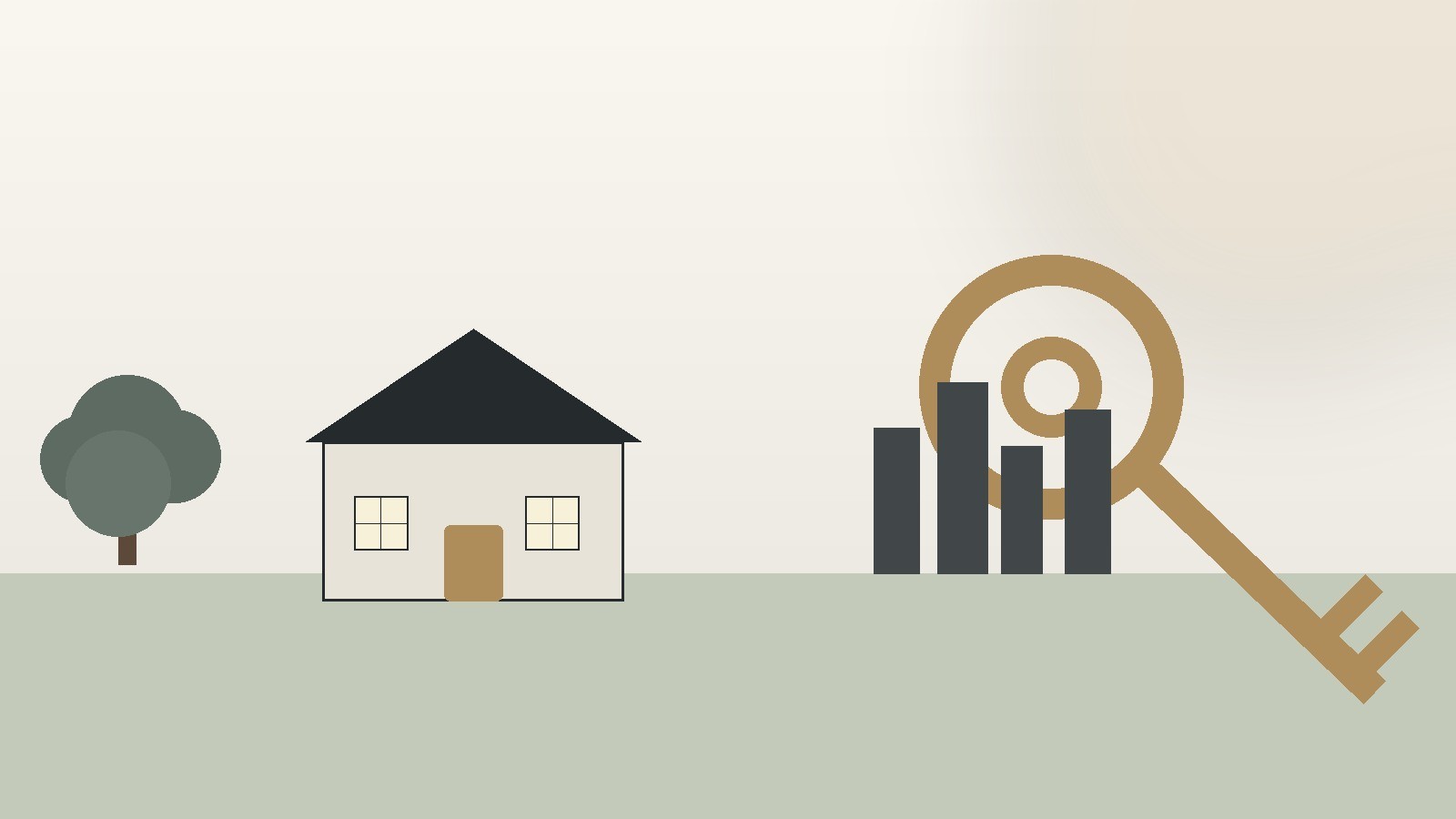Illustration of a house, Houston skyline and key representing a Memorial real estate agent