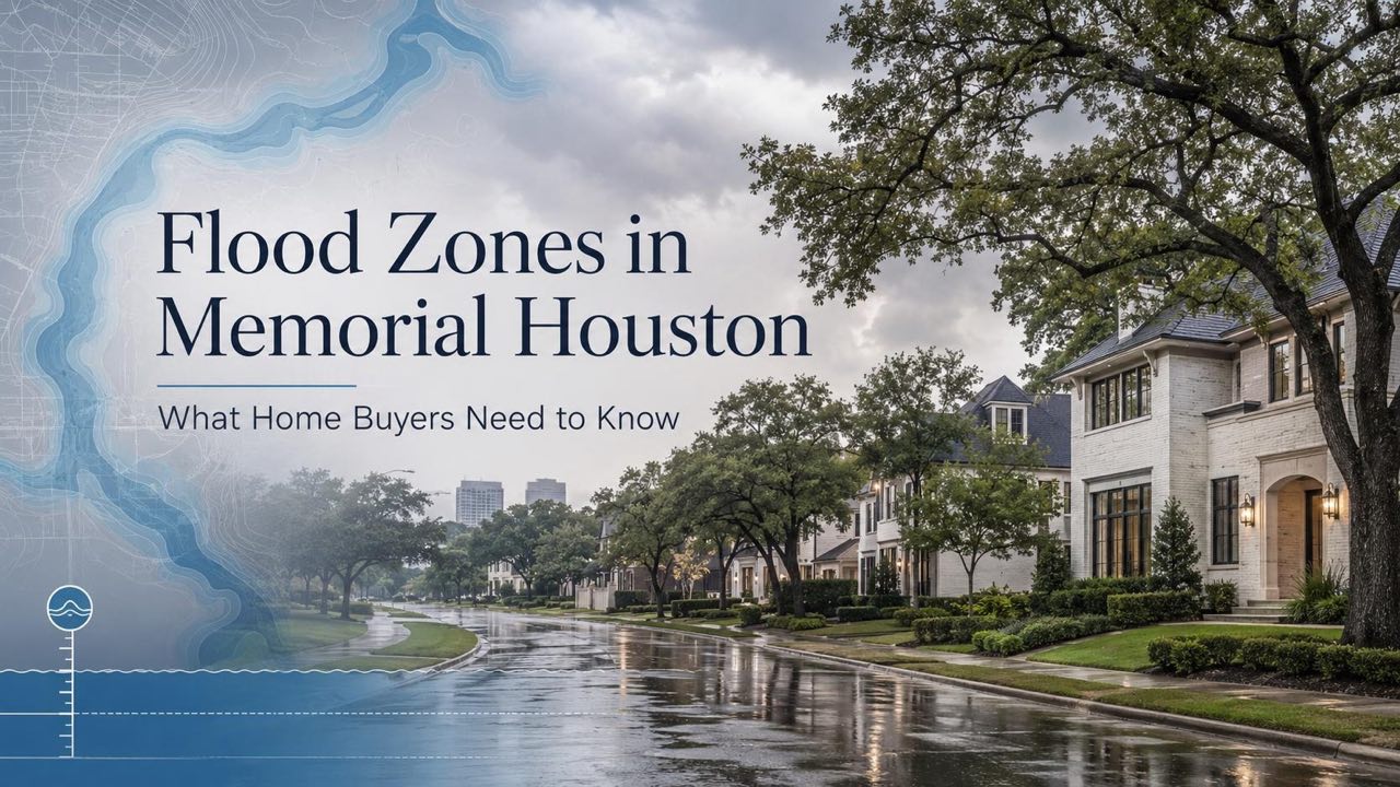 Memorial Houston flood zone map and homes near Buffalo Bayou in 77024 and 77079